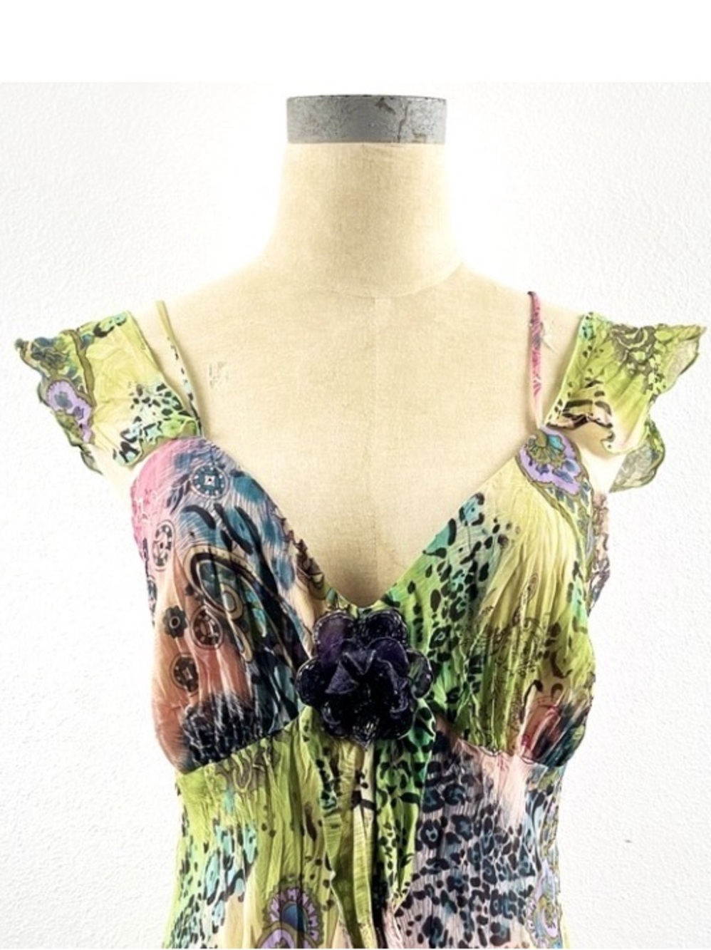 Bisou Bisou Vintage Y2K Sleeveless Top Multi Color Beaded Chiffon